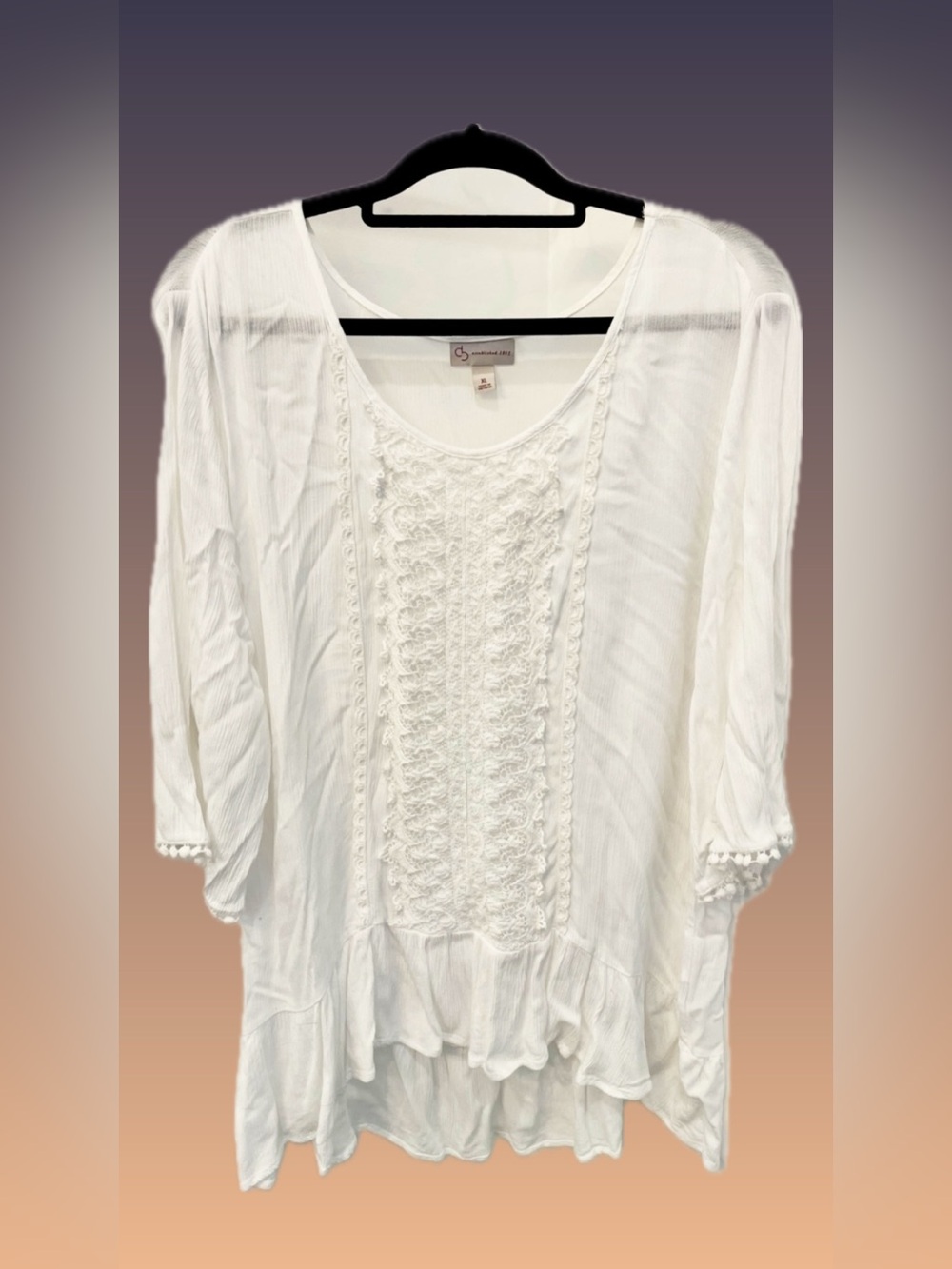 DRESSBARN WHITE SEMI SHEER LACEY CROCHETED FLOWY GAUZE BOHO TUNIC TOP